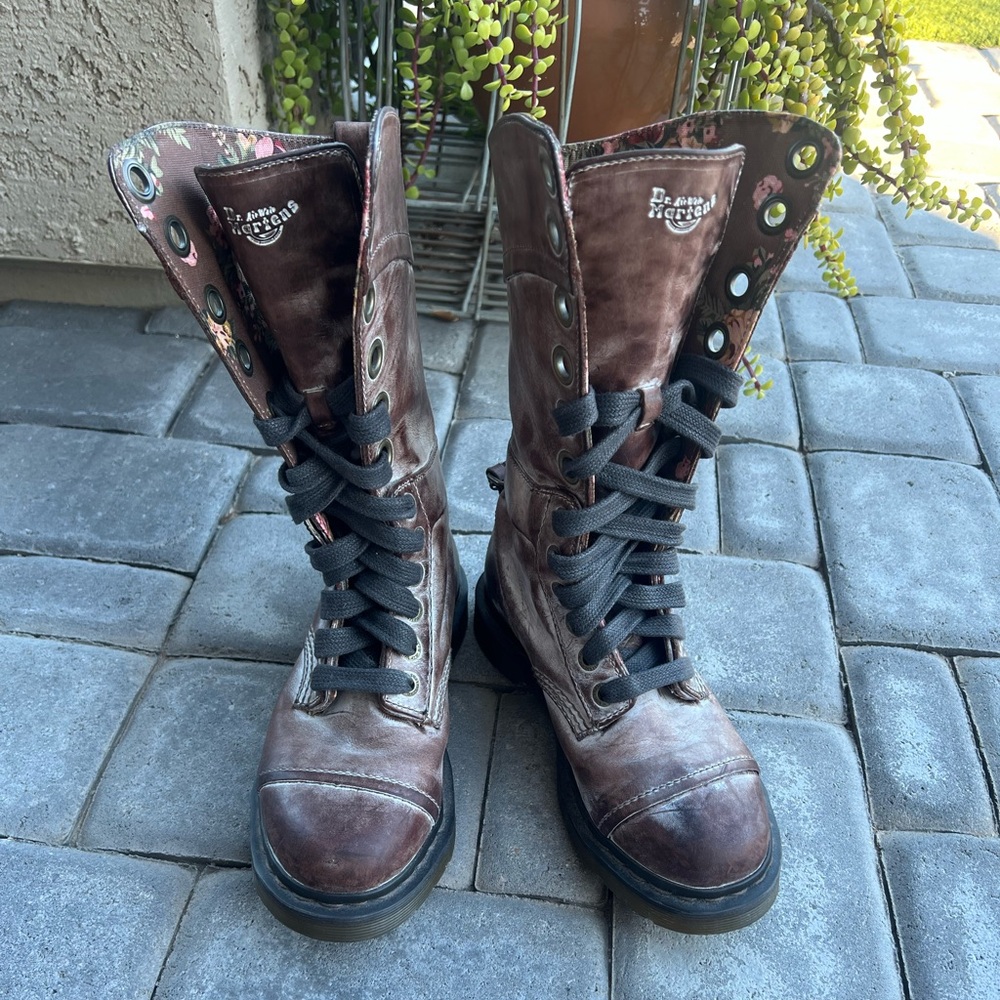 Dr. Martens Triumph Waxed Brown Floral Combat Boots